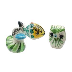 Vintage Mexican Tonala Hand-Painted Pottery Miniature Figurines Set Of 3 Owl Fis